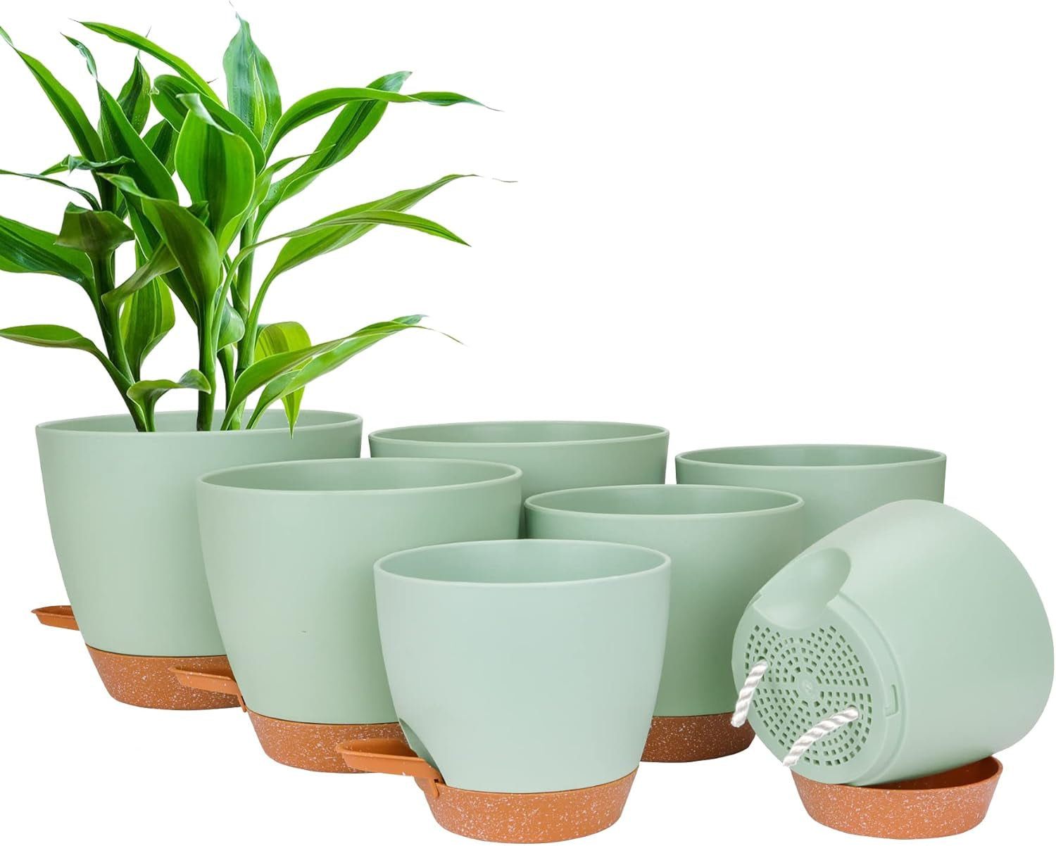 Ghiveci de flori CSYY, set de 7 ghivece de flori din plastic cu sistem de udare, 20,3/19/17,7/16,5/15,2/14/12,7 cm, ghiveci cu auto-udare și farfurie, pentru interior și exterior