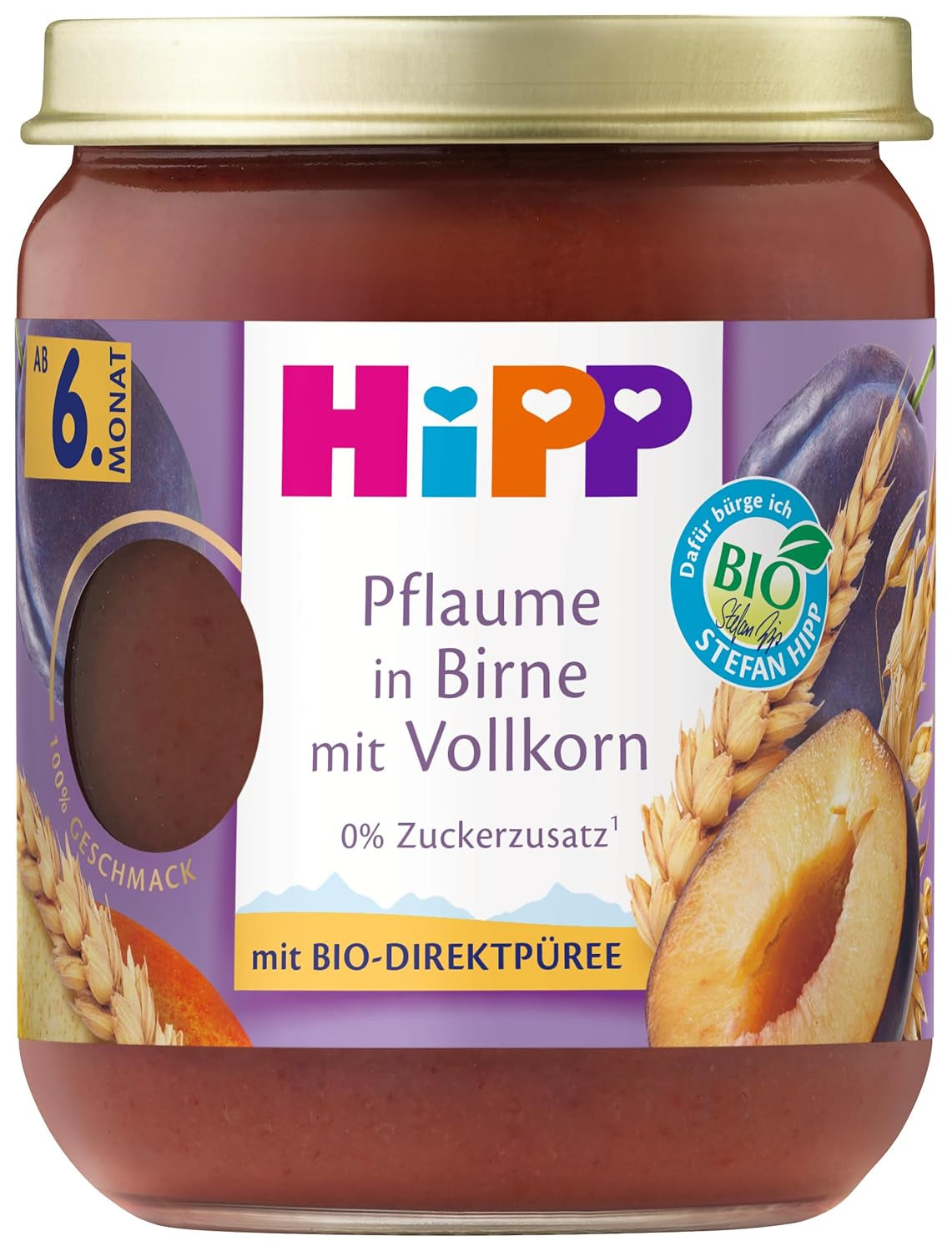 HiPP Fructe și Cereale Organice cu Prune în Pară și Grâu Integral, 160g, pachet de 6 (6x160g)