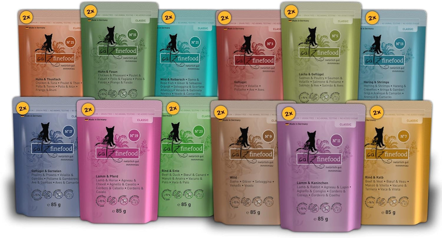 Catz Finefood Classic Collection Mixed Pack Hrană umedă pentru pisici - hrană umedă gourmet pentru pisica ta, fără cereale și fără zahăr, cu un conținut ridicat de carne, 24 de pliculețe x 85 g