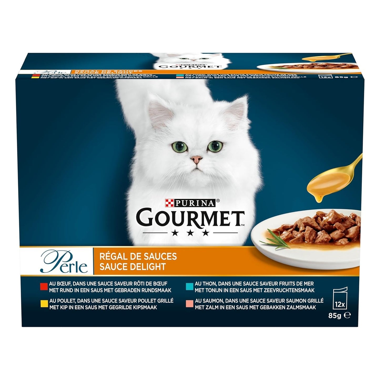 Pearl | Suport pentru sos | Pisică adultă | Vită, Pui, Ton, Somon | 12 x 85 g | Pliculețe pentru prospețime (ambalajul poate varia)