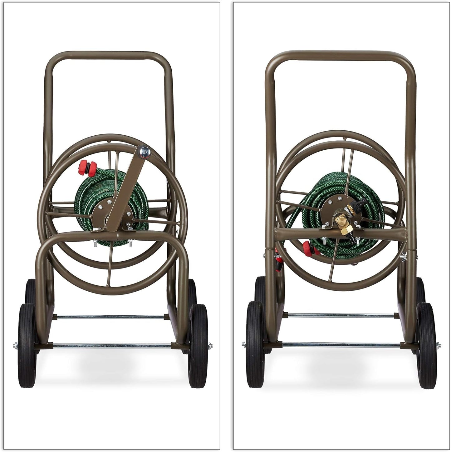 Cărucior furtun Relaxdays XL, rolă mobilă pentru furtun, metal, pentru furtun de 60 m, 4 roți, cu manivelă, derulare la 90°, maro