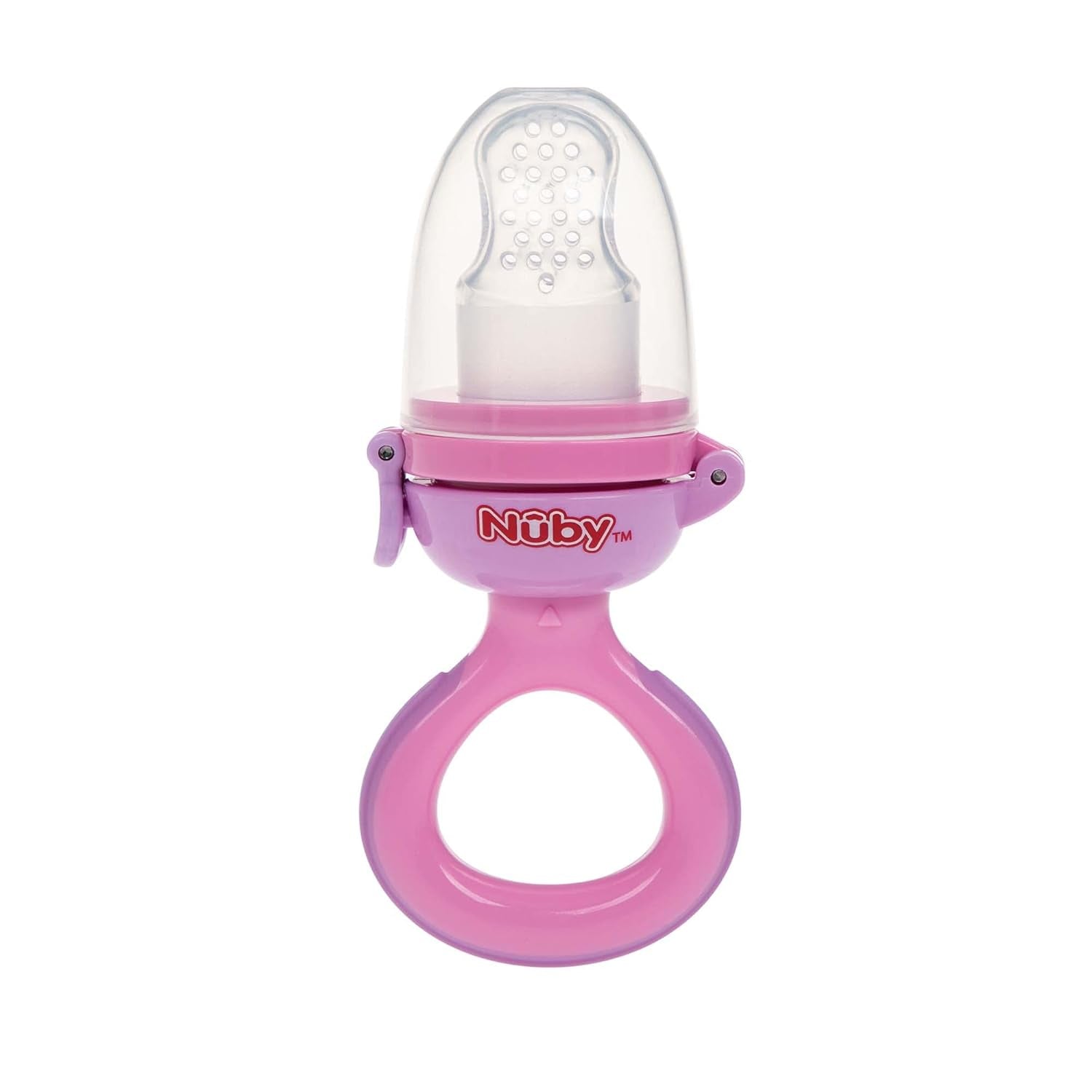 Nuby - Hrănitoare de fructe din silicon Nibbler - Hrănitoare de fructe pentru bebeluși de 6 luni și copii mici - Inel de dentiție pentru fructe, legume și piure - Fără BPA - Roz - 6+ luni