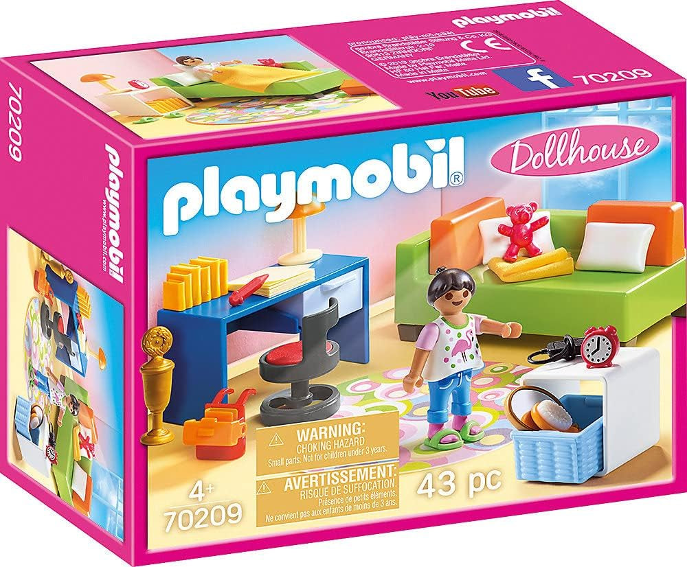 Dollhouse 70985 Casă de păpuși pliabilă cu mâner, jucărie pentru copii de la 4 ani și peste & Dollhouse 70209 Cameră pentru adolescenți cu figurină fetiță și accesorii, 4 ani și peste