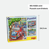 HABA Fire Brigade Puzzle - Set de 3 piese pentru copii cu vârsta de 3 ani și peste, puzzle din carton cu motive de poliție și ambulanță - Promovează abilitățile motorii fine și concentrarea - 1302759001 Puzzle Naty Shop