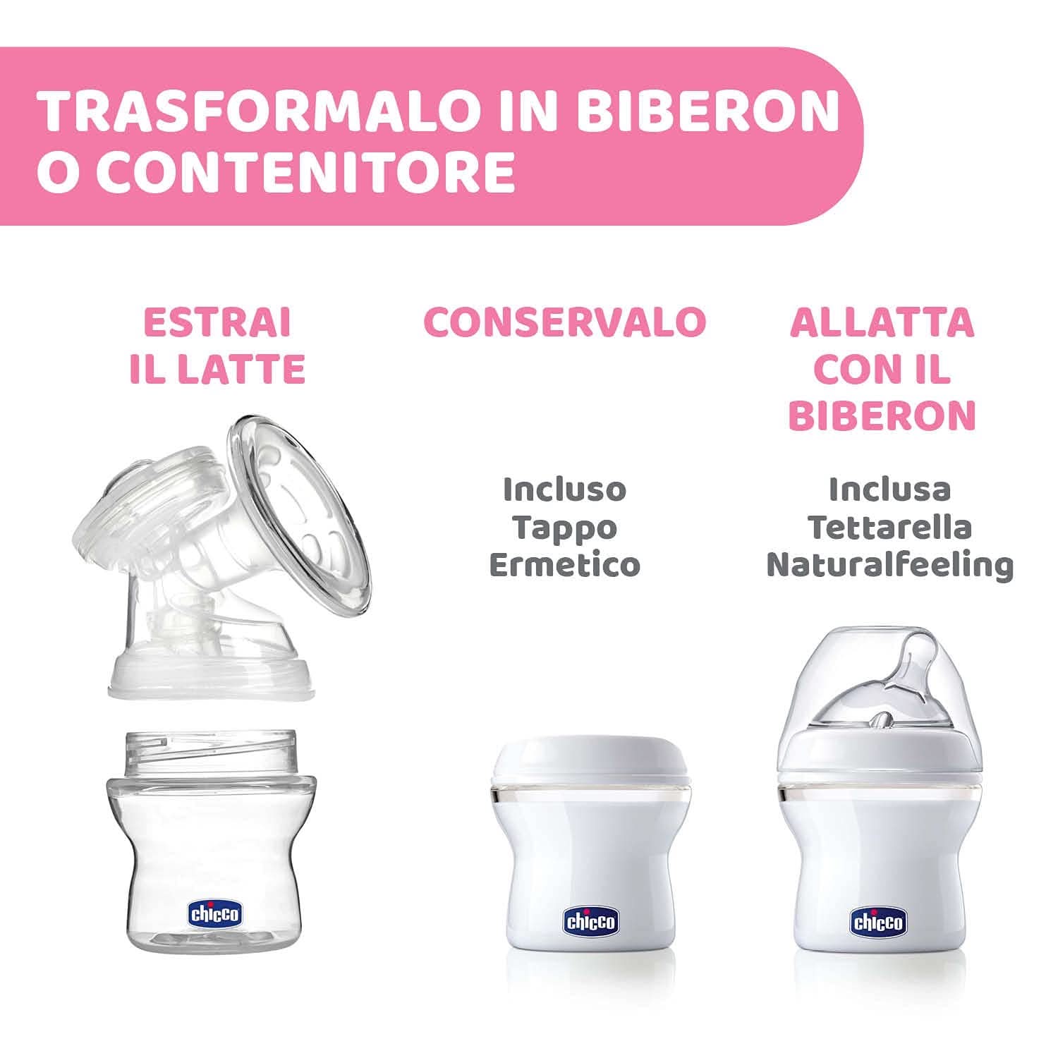 Pompă electrică pentru sân Chicco cu faze de stimulare și extracție, 10 niveluri de intensitate, confortabilă și rapidă, formă ergonomică, cu tetina înclinată și capac etanș, alb, 150 ml Accesorii Hrana si Alaptare Bebe Naty Shop