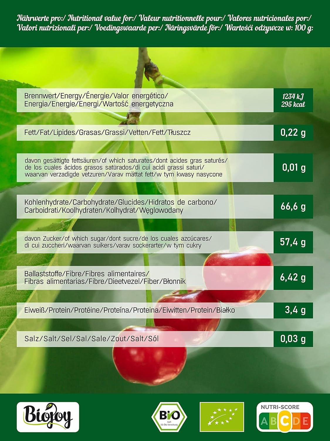 Cireșe bio Biojoy uscate (1 kg), fără sâmburi și nesulfurate Produse deshidratate Naty Shop
