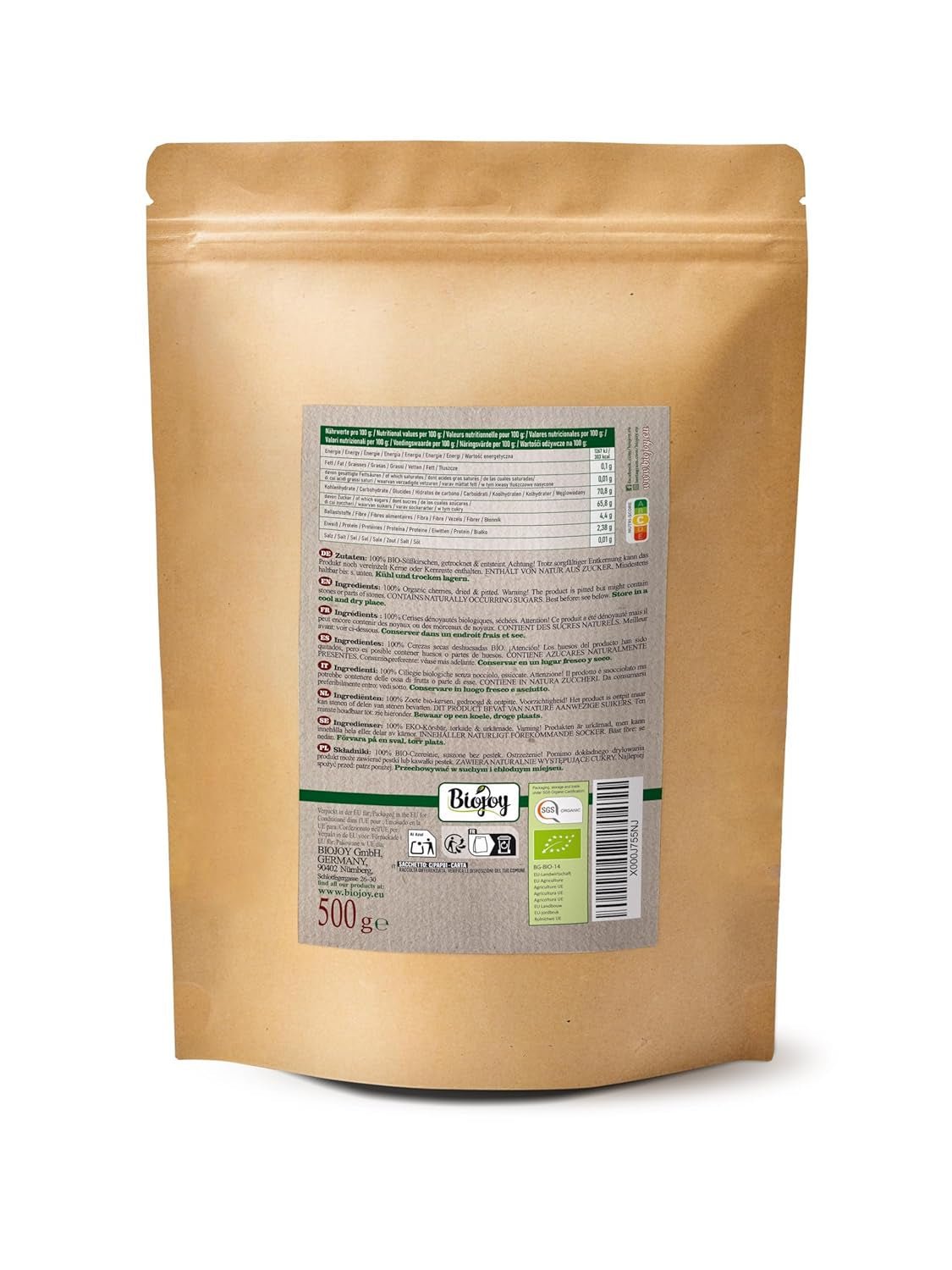 Cireșe dulci uscate bio Biojoy (500 g), fără sâmburi și fără sulf Produse deshidratate Naty Shop