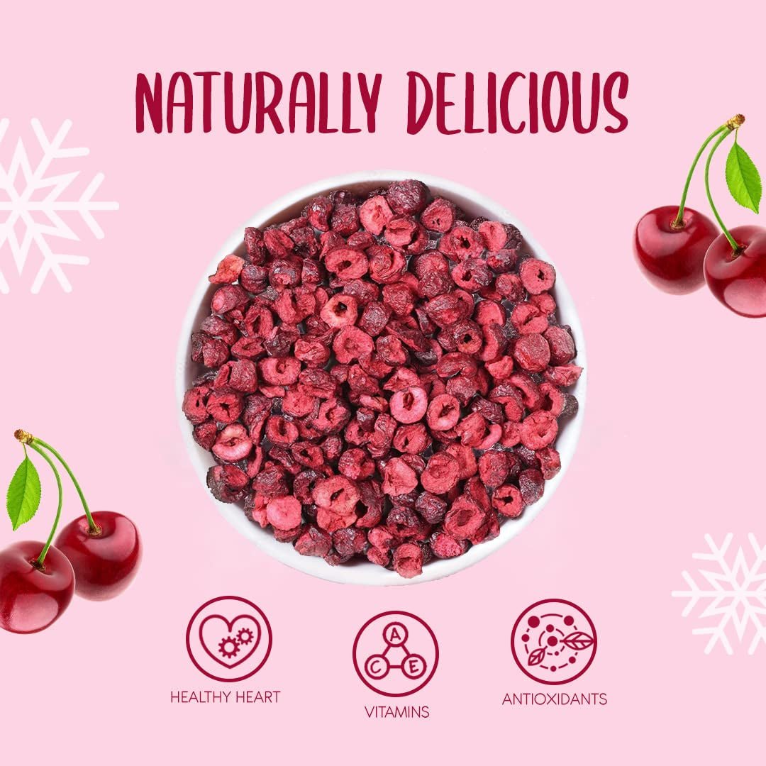 Cireșe liofilizate 100g - Cireșe amare liofilizate - Fructe uscate liofilizate - Cireșe amare uscate în felii - Perfect pentru coacere, decorare, muesli și deserturi Produse deshidratate Naty Shop