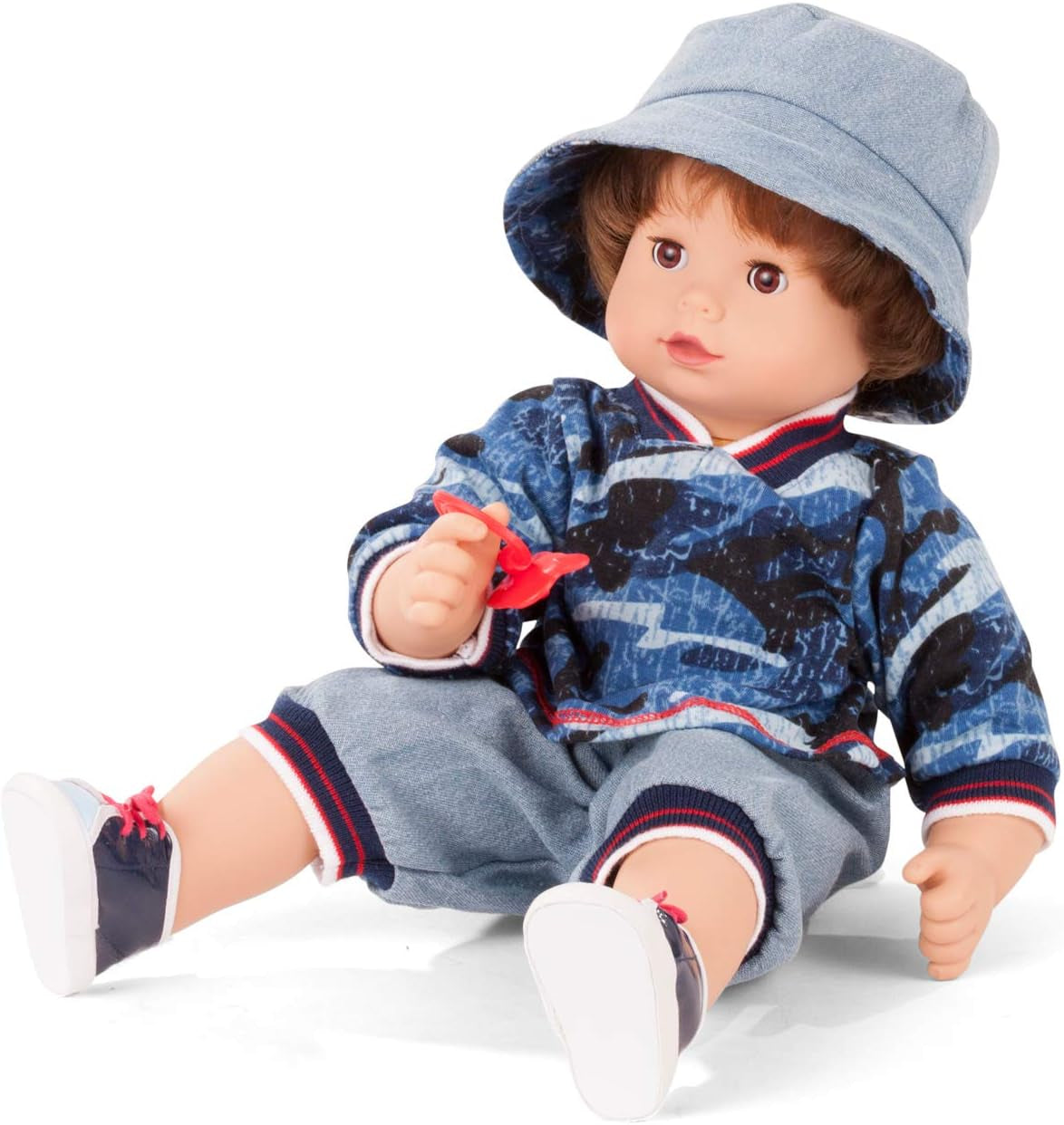 Götz 2027100 Păpușa Maxy Muffin Fashionisto – Păpușă bebeluș de 42 cm cu ochi căprui adormiți, păr șaten și corp moale – Păpușă cu corp moale într-un set de 8 piese