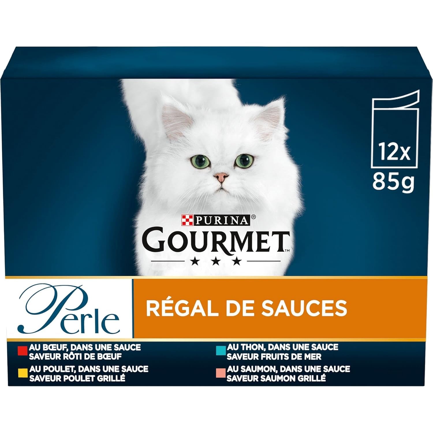 Pearl | Suport pentru sos | Pisică adultă | Vită, Pui, Ton, Somon | 12 x 85 g | Pliculețe pentru prospețime (ambalajul poate varia)