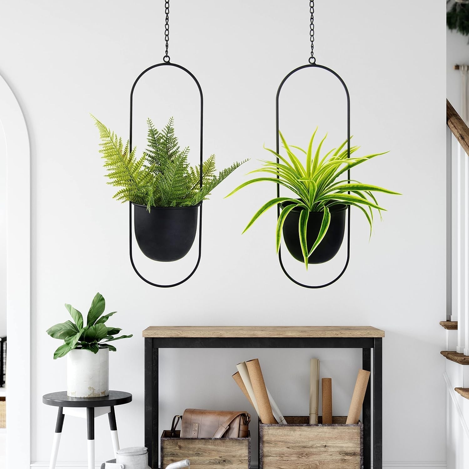 Ghivece metalice suspendate, 2 bucăți, negre, ovale, geometrice, cuier pentru plante cu ghiveci, jardinieră modernă de perete și tavan pentru interior și exterior, ghiveci de 15,2 cm, 2 bucăți