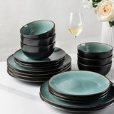Set de veselă GBhome din gresie pentru 4 persoane, 12 piese, glazură reactivă, lucrat manual, potrivit pentru cuptorul cu microunde și mașina de spălat vase, set de bol și farfurie, culoare petrol, GDW025WB-EU