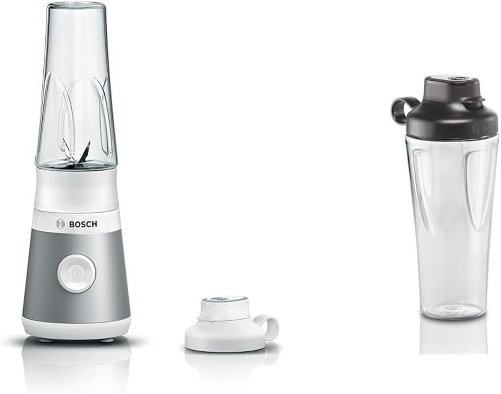 Bosch Mini-Standmixer Vitapower Serie 2 MMB2111S, Highspeed-Mixer, Bis Zu 40.000 Rpm, Tritan Togo-Flasche 0,6 L, Trinkdeckel, Bruchsicher,Spülmasch.Geeignete Teile, 450W, Silber/Schwarz Bucatarie Naty Shop Bundle Mit Togo-Flasche Silber / Weiß