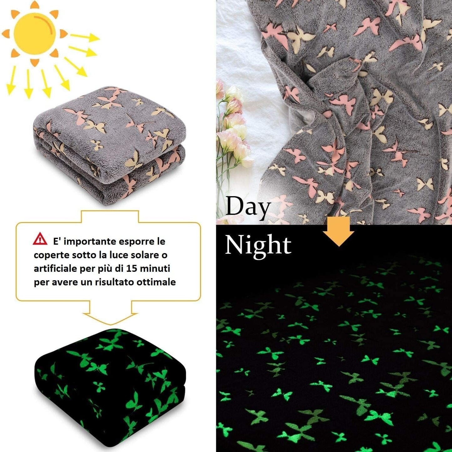 Cuvertură de pat Kanguru Glow, pătură care strălucește pe întuneric, pătură cu fluturi, pătură moale 130X150Cm, cuvertură de pat luminoasă canapea. Pătură pentru copii Glow in the Dark, gri Paturi si Cuverturi Besuche den Kanguru-Store
