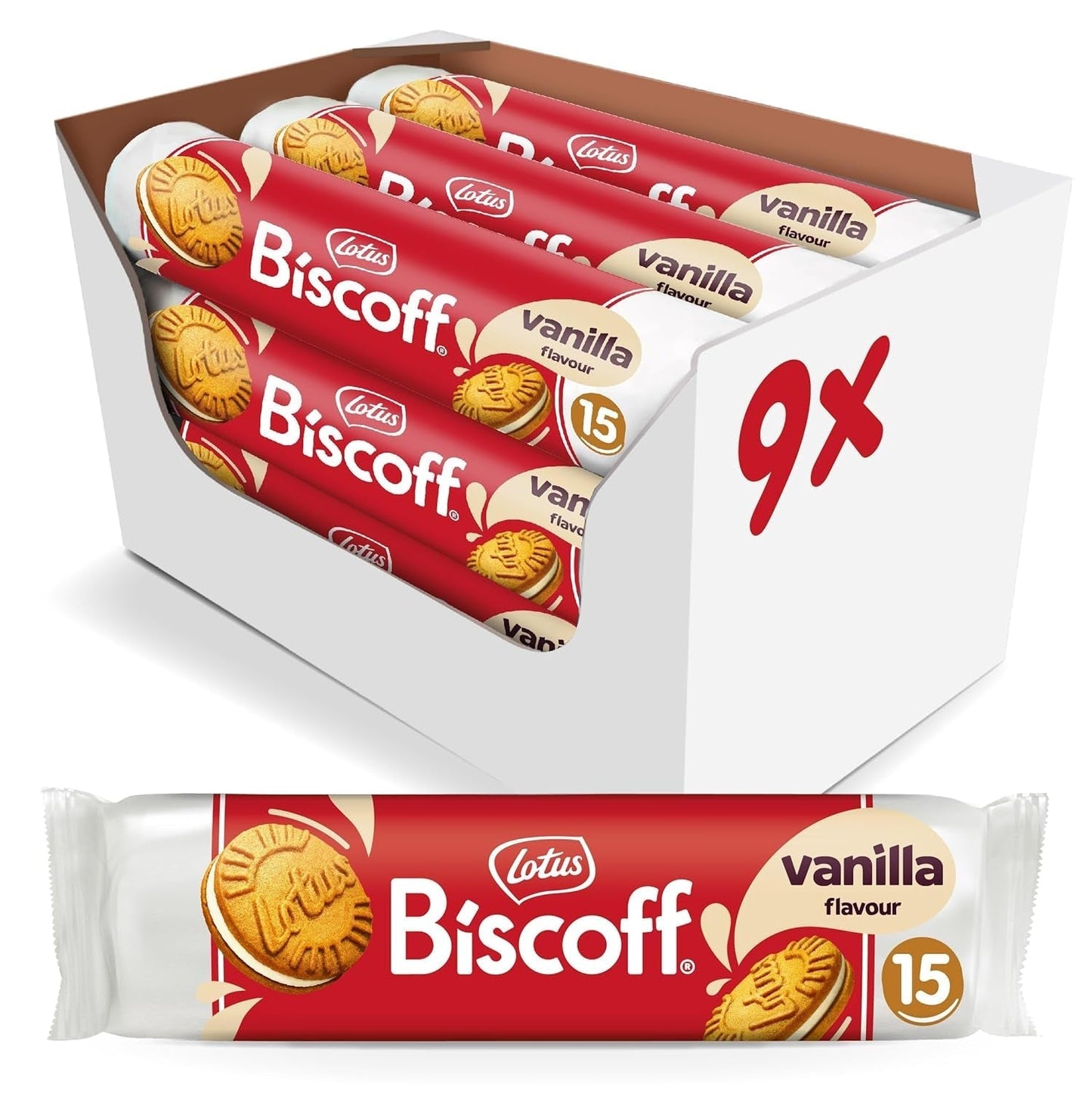 Lotus Biscoff | Biscuiți gemeni tip sandwich cu umplutură de cremă Biscoff | 15 biscuiți tip sandwich per pachet | Doar ingrediente naturale | Vegani | Fără coloranți sau arome adăugate | 9 x 150g | 1,35 kg