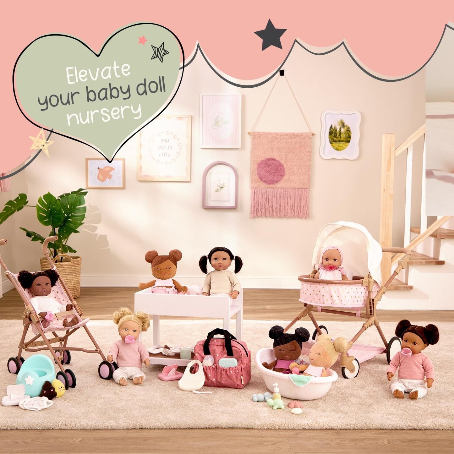 LullaBaby - Baby Puppen Laufstall - Faltbarer Puppen Laufstall in Rosa - Goldener Stern - Druckdesign - 36 cm Baby Puppe Kinderzimmer Zubehör - Vorgetäuschtes Spiel - Spielzeug für Kinder ab 2 Jahren