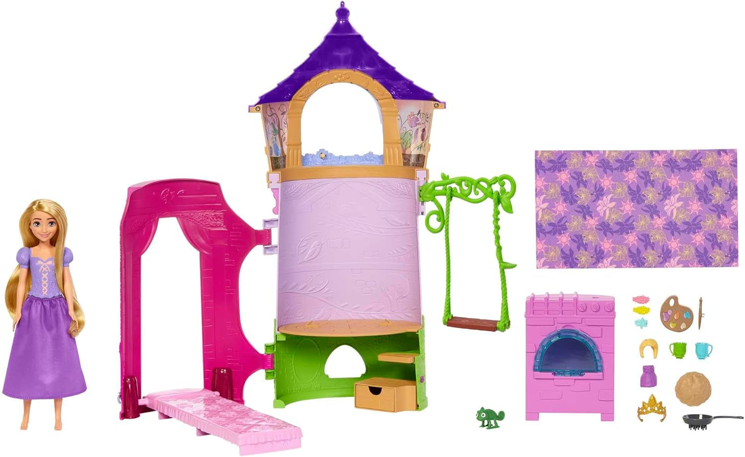 Disney Princess HMV99 - Păpușă Rapunzel mobilă și turn de joacă cu distracție pe tot parcursul, 6 zone de joacă și 15 accesorii, inspirat de filmul Disney, jucării pentru păpuși de la 3 ani Papusi Naty Shop Turnul lui Rapunzel