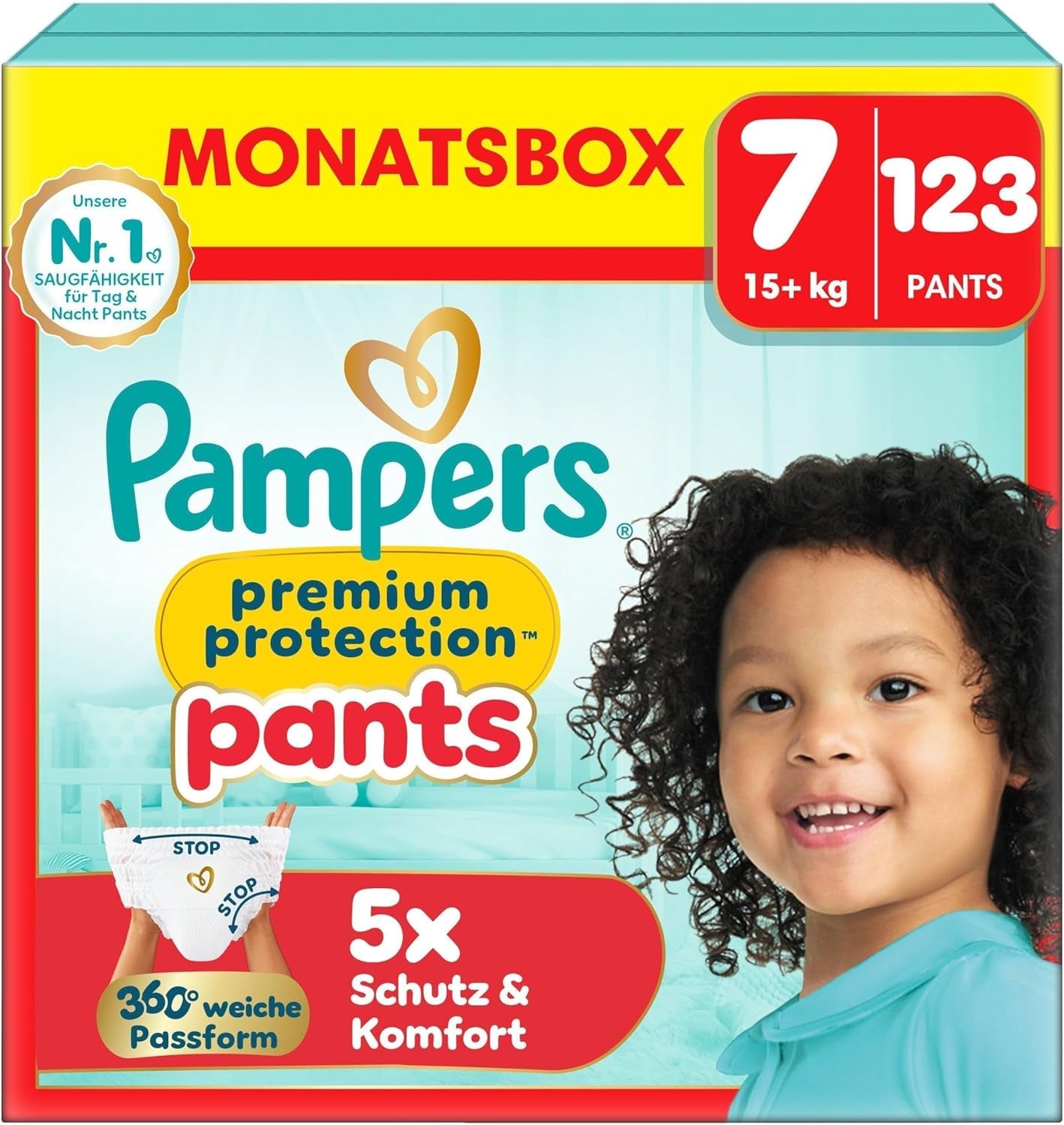 Pampers Premium Protection Pants mărimea 5, 144 scutece, 11 kg - 17 kg, cu ajustare la 360° și manșete moi anti-scurgere pentru confort și protecție optime