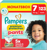Pampers Premium Protection Pants mărimea 5, 144 scutece, 11 kg - 17 kg, cu ajustare la 360° și manșete moi anti-scurgere pentru confort și protecție optime