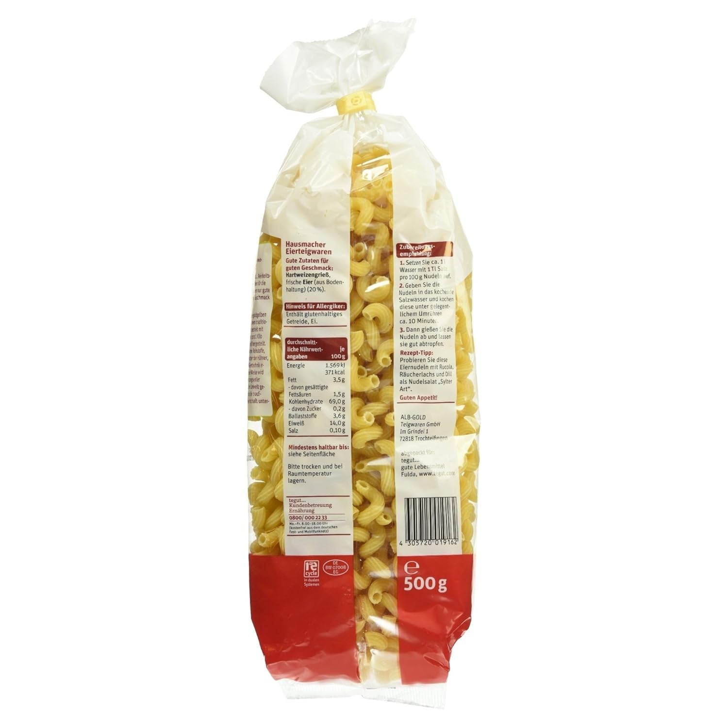 tegut... Tăiței cu ou, tirbușon, pachet de 5 (5 x 500 g)