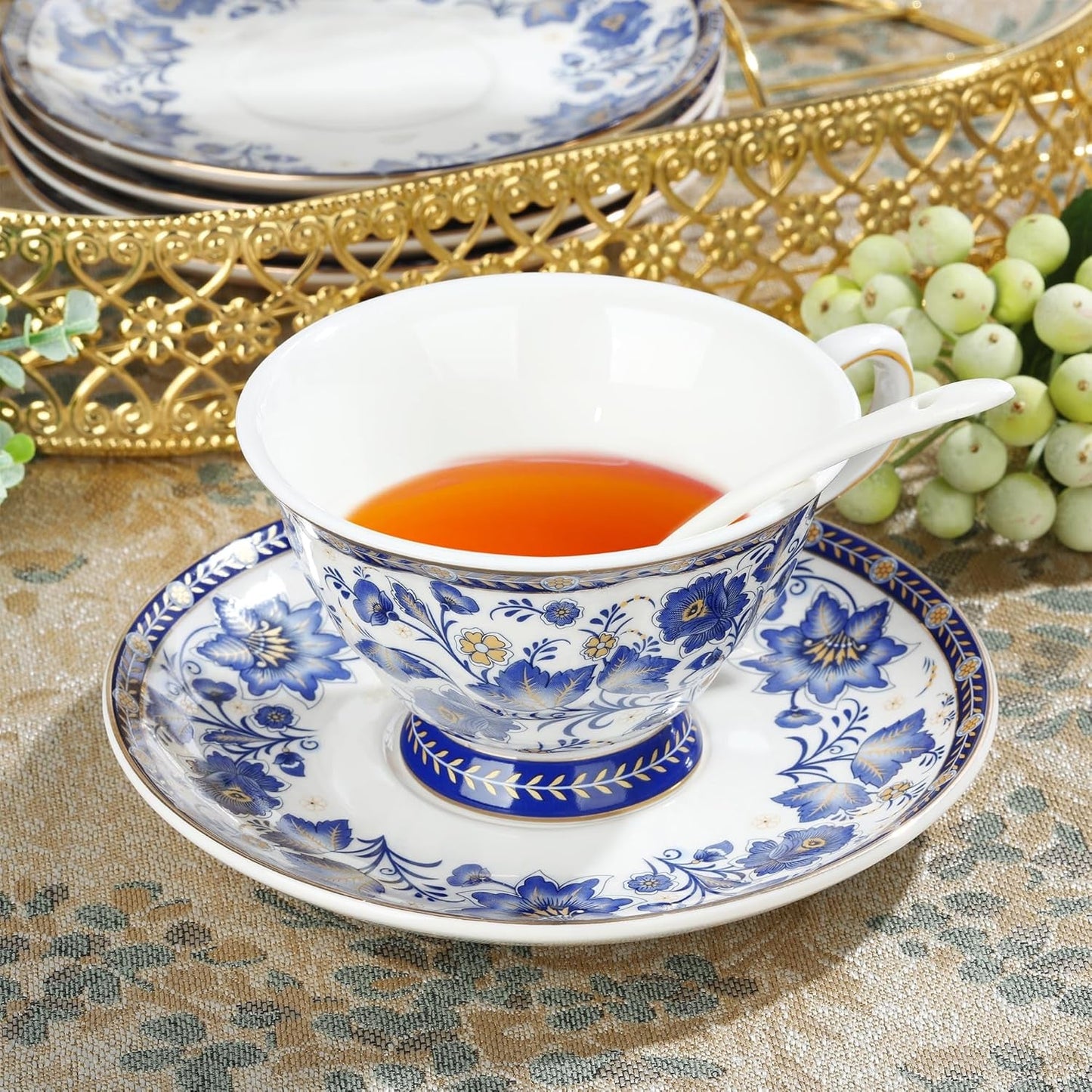 Set de ceai din porțelan cu flori albastre fanquare și suport metalic, ceașcă de cafea și farfurie vintage din porțelan, set de cafea englezesc pentru adulți