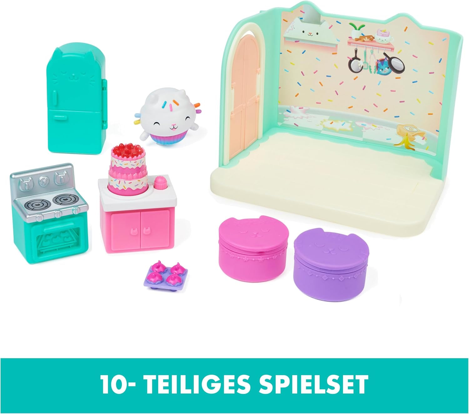 CASA DE PĂPȘI DREAMWORKS A LUI GABBY - Cameră Deluxe, Cofetărie cu Cakey, Bucătărie cu Kuchi (Română: Cakey), 3 piese de mobilier și 2 cutii surpriză cu accesorii, potrivită pentru copii cu vârsta de 3 ani și peste