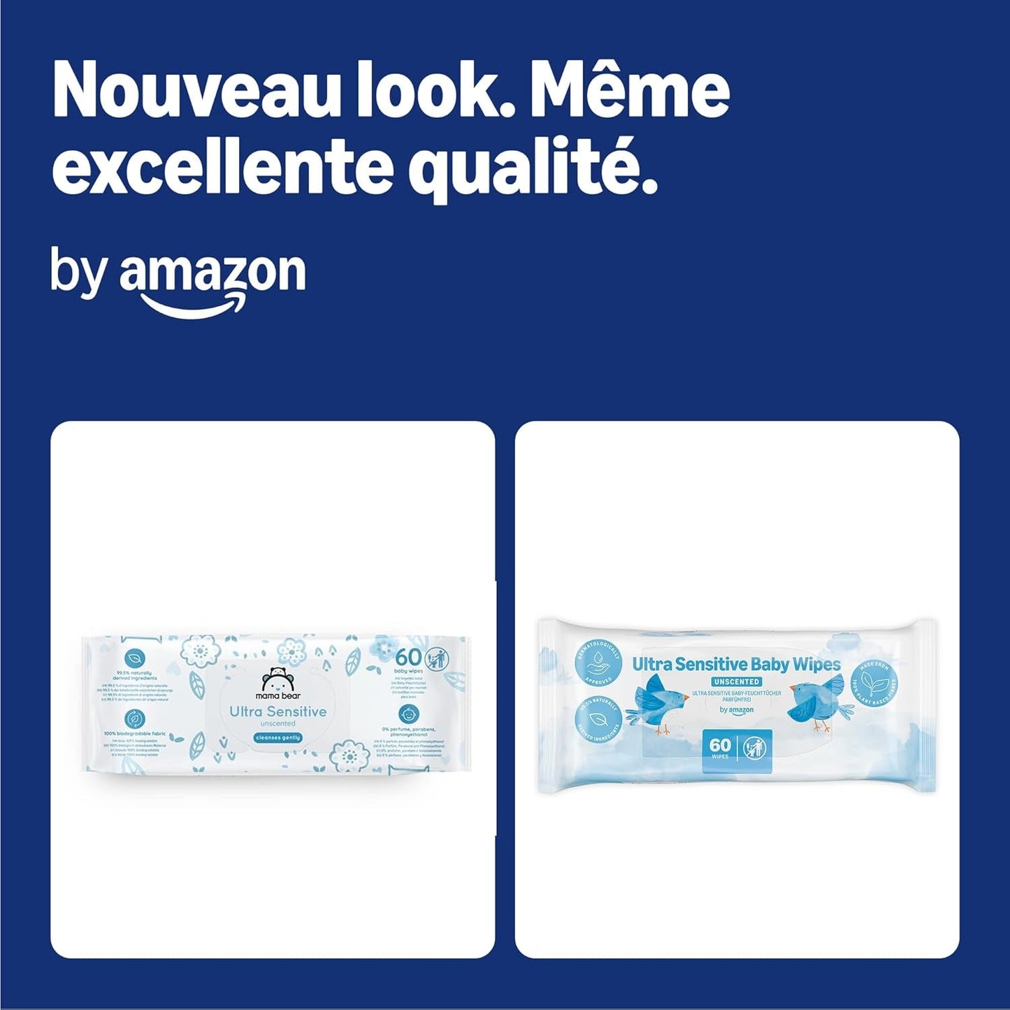 Șervețele umede pentru bebeluși ultrasensibile de la Amazon, 100% fibre vegetale, 99% apă, 1080 de șervețele, fără parfum, 18 pachete a câte 60 de șervețele fiecare (vândute anterior sub marca Mama Bear, produs identic)
