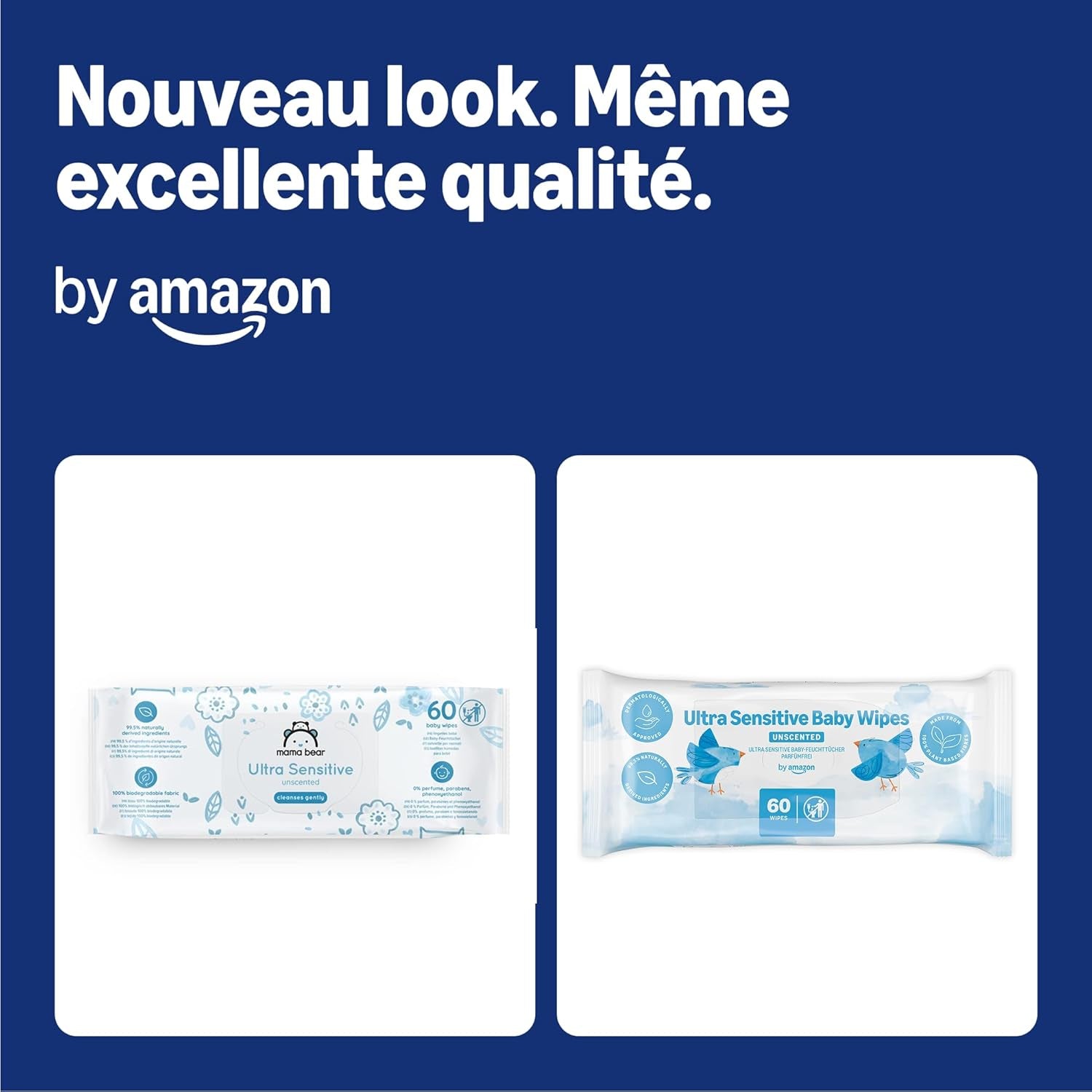 Șervețele umede pentru bebeluși ultrasensibile de la Amazon, 100% fibre vegetale, 99% apă, 1080 de șervețele, fără parfum, 18 pachete a câte 60 de șervețele fiecare (vândute anterior sub marca Mama Bear, produs identic)