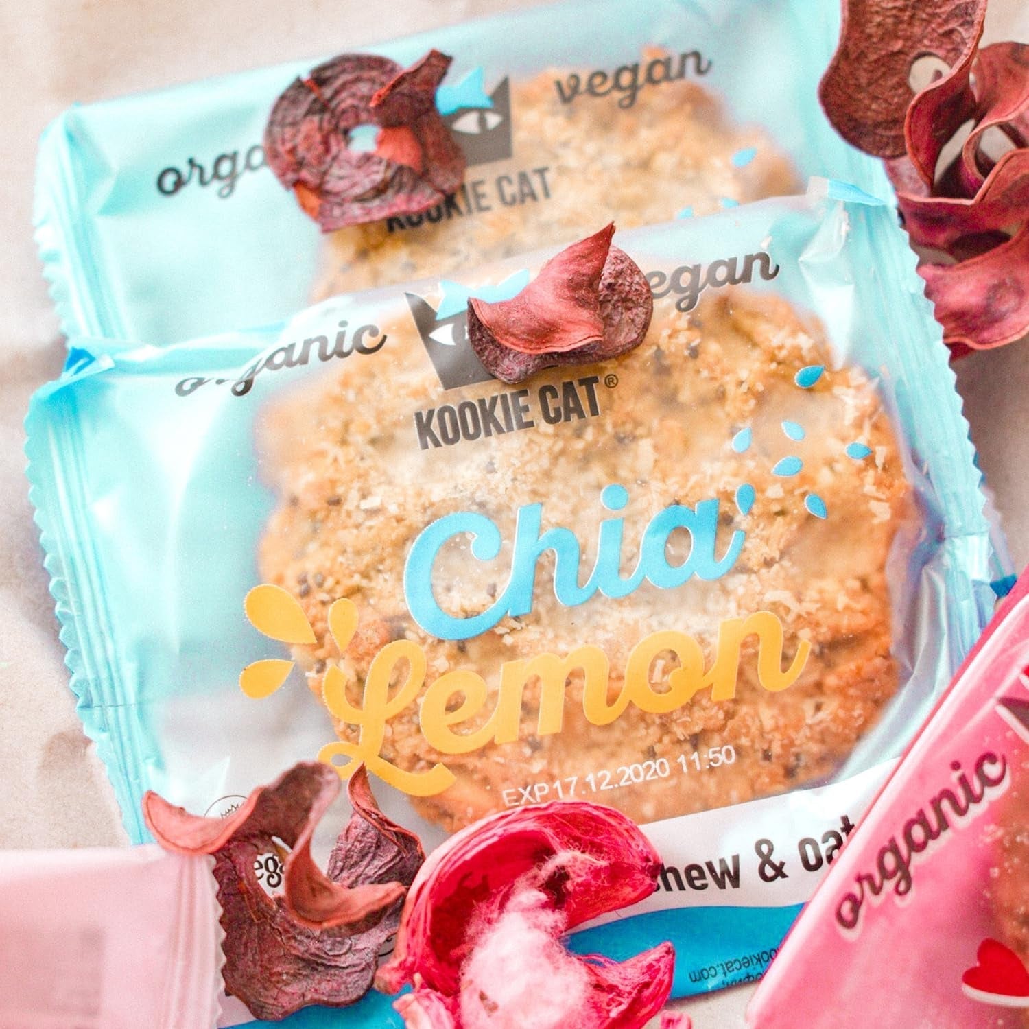 Chia și Lămâie - Fursecuri Vegane Ambalate Individual, Fără Gluten, Fără Soia, Organice, Caju și Ovăz - Pachet Multiplu de 12 x 50g