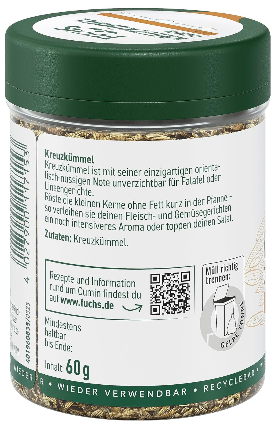 Fuchs Gewürze - Kreuzümmel ganz - orientalisch-nussige Note für Falafel und Linsengerichte - natürliche Zutaten - 60 g in wiederverwendbarer, recyclebarer Dose