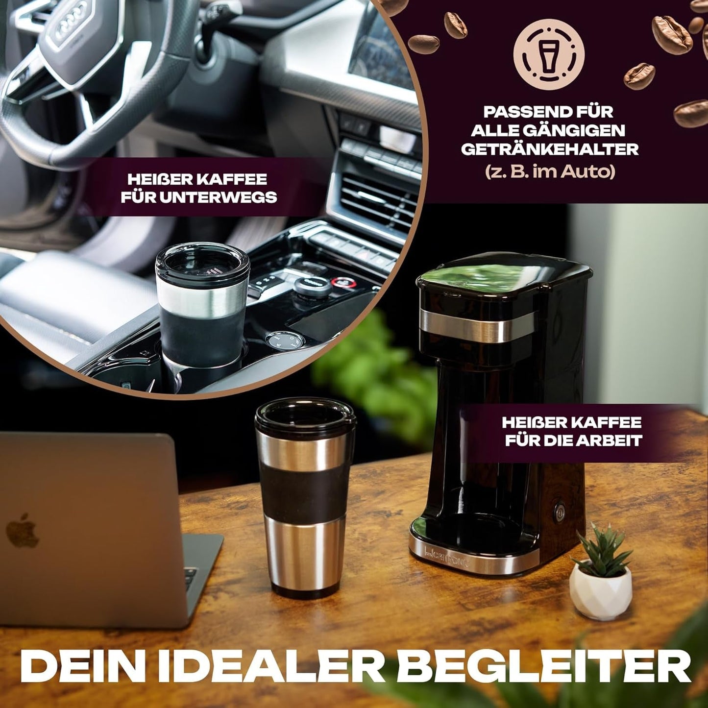 Espressor Clatronic | Cană de călătorie 400 ml | Compatibilă cu toate suporturile de pahare standard (de exemplu, pentru mașină) | Espressor cu filtru | Filtru permanent din nailon | Cană din oțel inoxidabil cu capac pentru aromă | KA 3733
