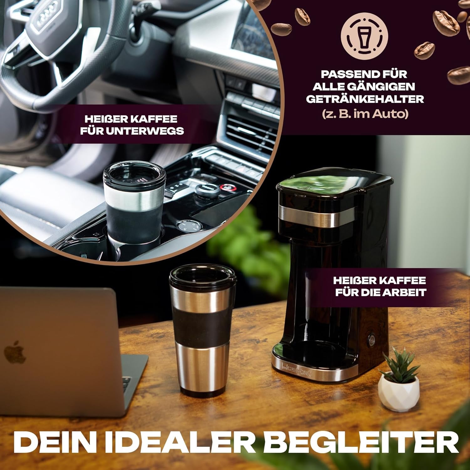 Espressor Clatronic | Cană de călătorie 400 ml | Compatibilă cu toate suporturile de pahare standard (de exemplu, pentru mașină) | Espressor cu filtru | Filtru permanent din nailon | Cană din oțel inoxidabil cu capac pentru aromă | KA 3733