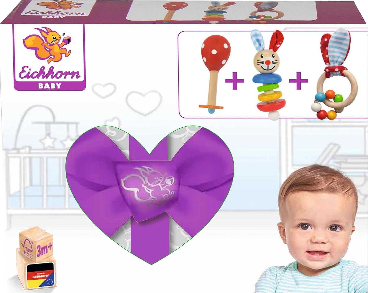 Eichhorn 100017045 - Set de început / cadou pentru copii cu maraca, jucărie de prins cu sunet și jucărie de prins cu motiv de iepure, 3 piese, de la 3 luni Jucarii Bebe Naty Shop