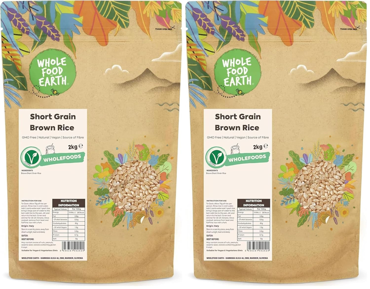 Orez brun cu bob scurt Wholefood Earth - fără OMG - natural - vegan - fără lactate - fără zahăr adăugat, 2 kg