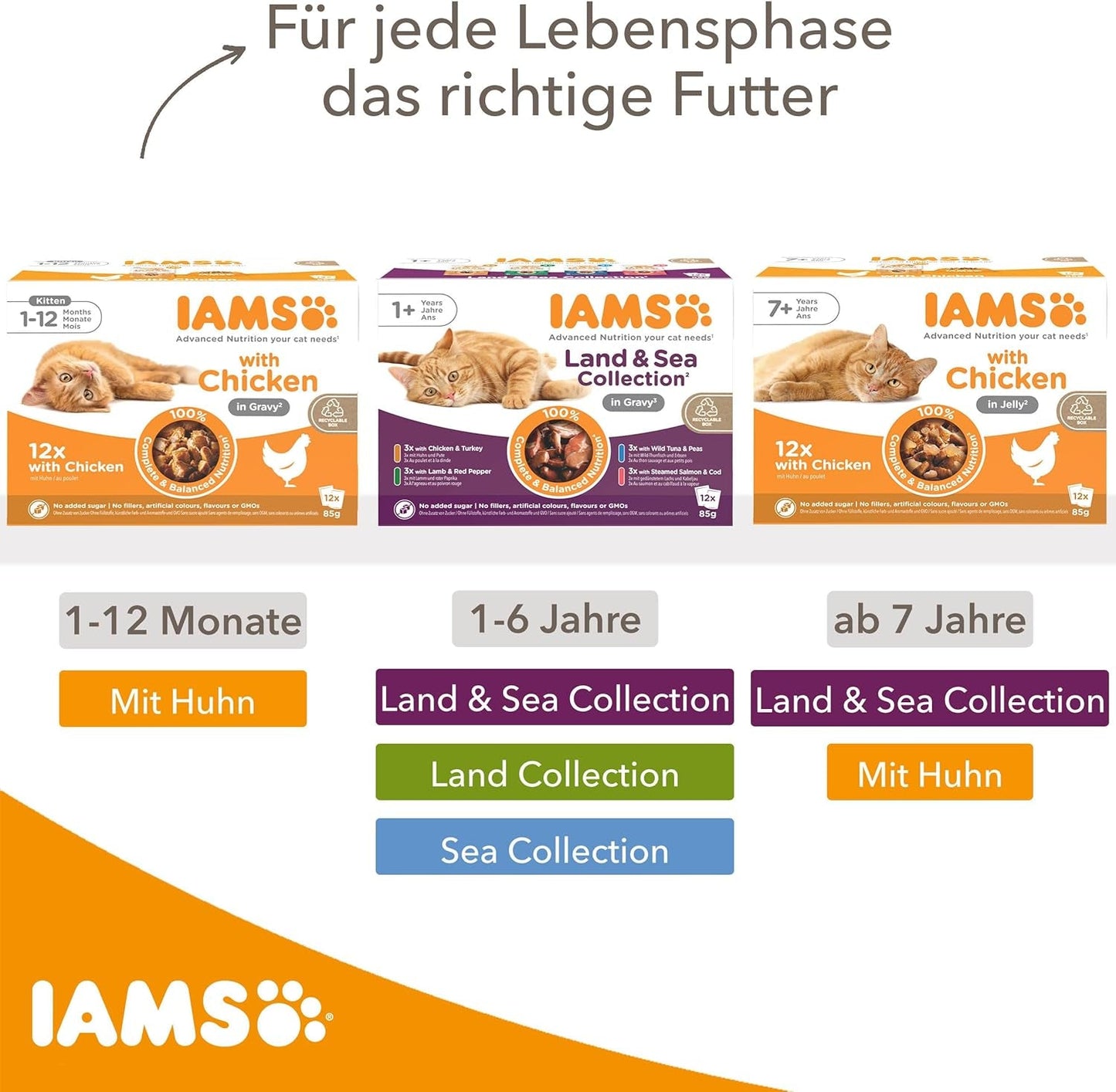IAMS Delights Land & Sea Collection Hrană umedă pentru pisici - Pachet multiplu cu sortimente de carne și pește în sos, hrană umedă pentru pisici de la 1 an, 72 x 85 g