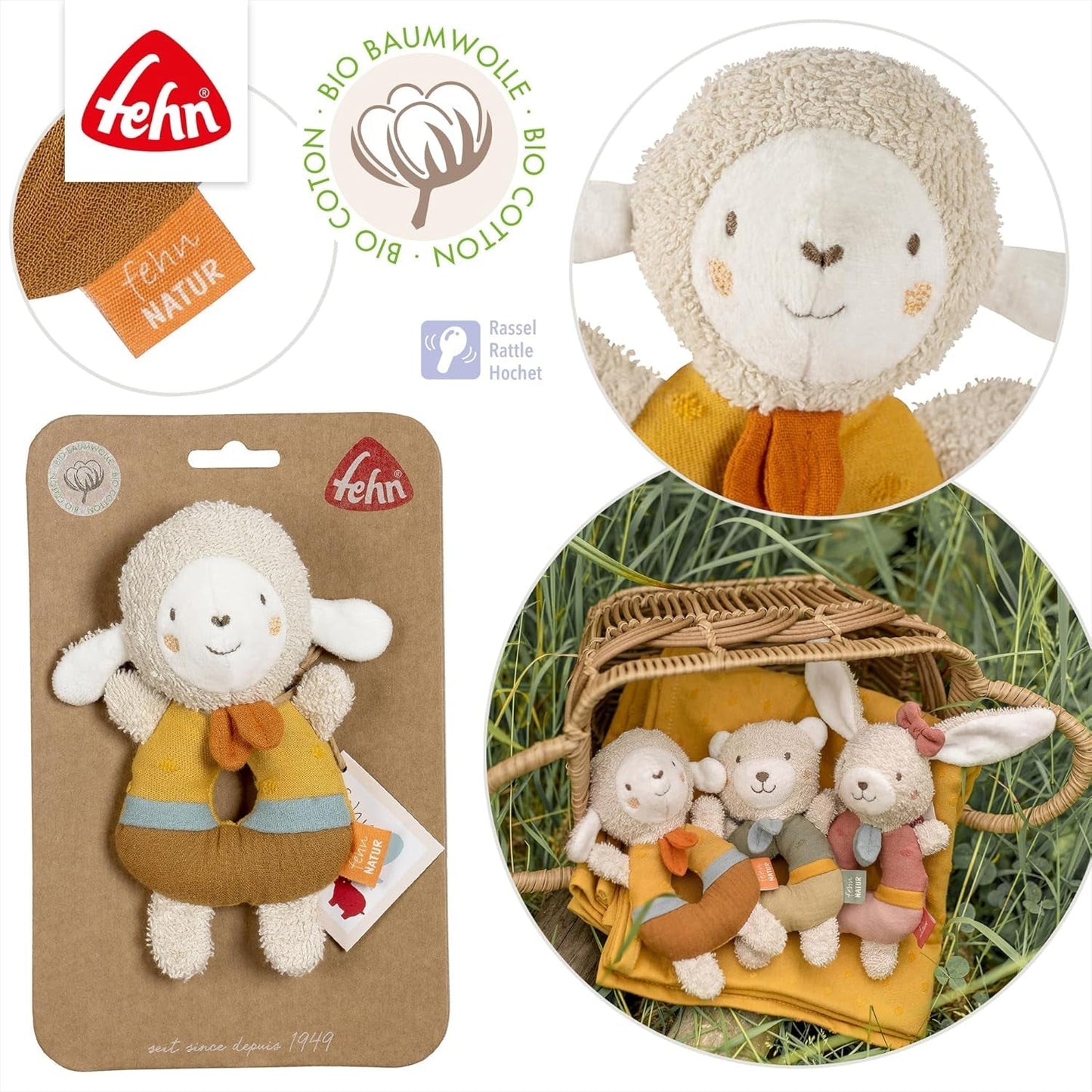 Fehn baby inel de prindere jucărie oaie fehnNATUR - jucărie de pluș cu bumbac organic - jucărie pentru copii cu clopoțel și jucărie pentru învățare jucăușă - jucărie de prindere pentru bebeluși și copii mici de la 0+ luni Jucarii Bebe Naty Shop