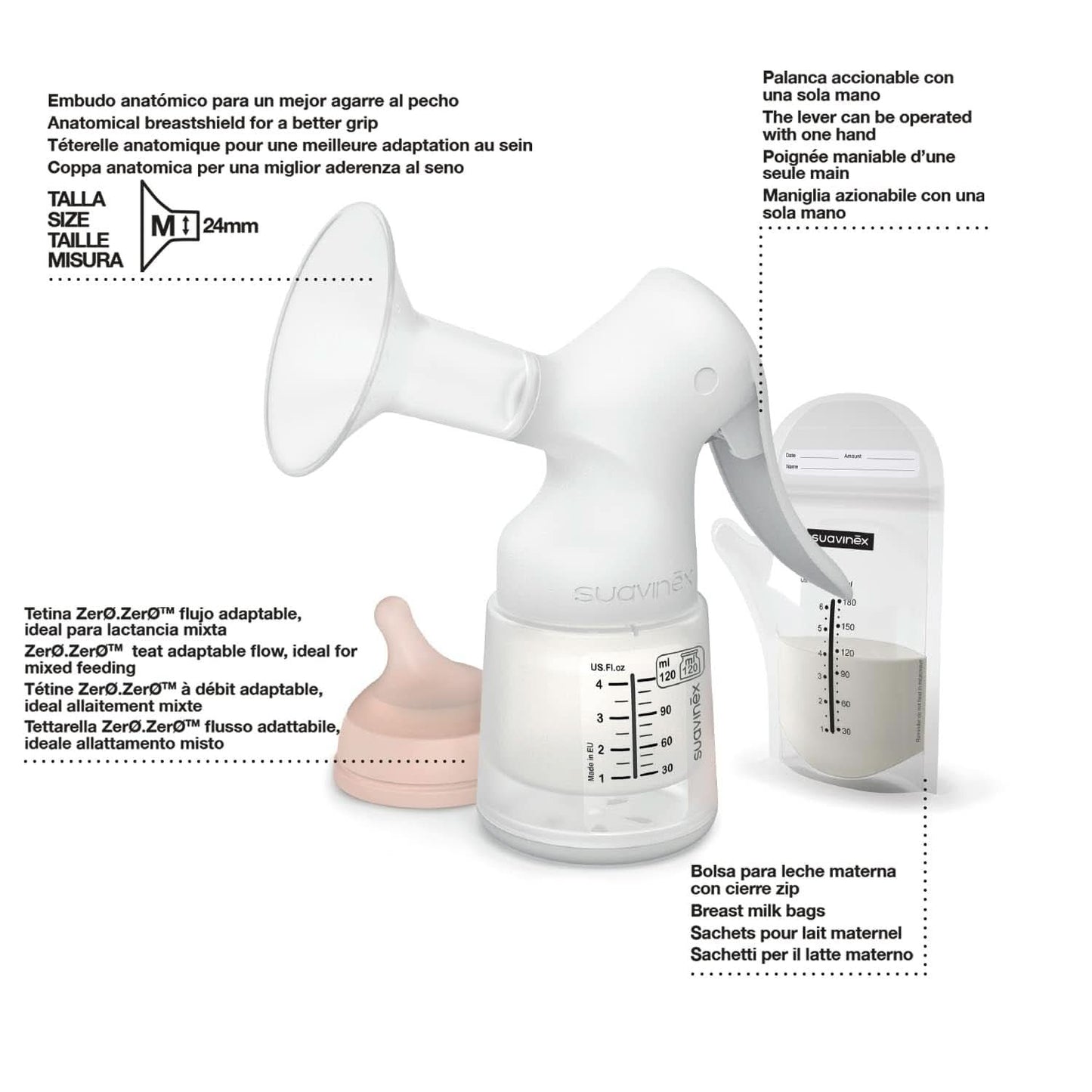 Suavinex, Materna pompă de sân, 120 ml, cu debit reglabil Accesorii Hrana si Alaptare Bebe Naty Shop