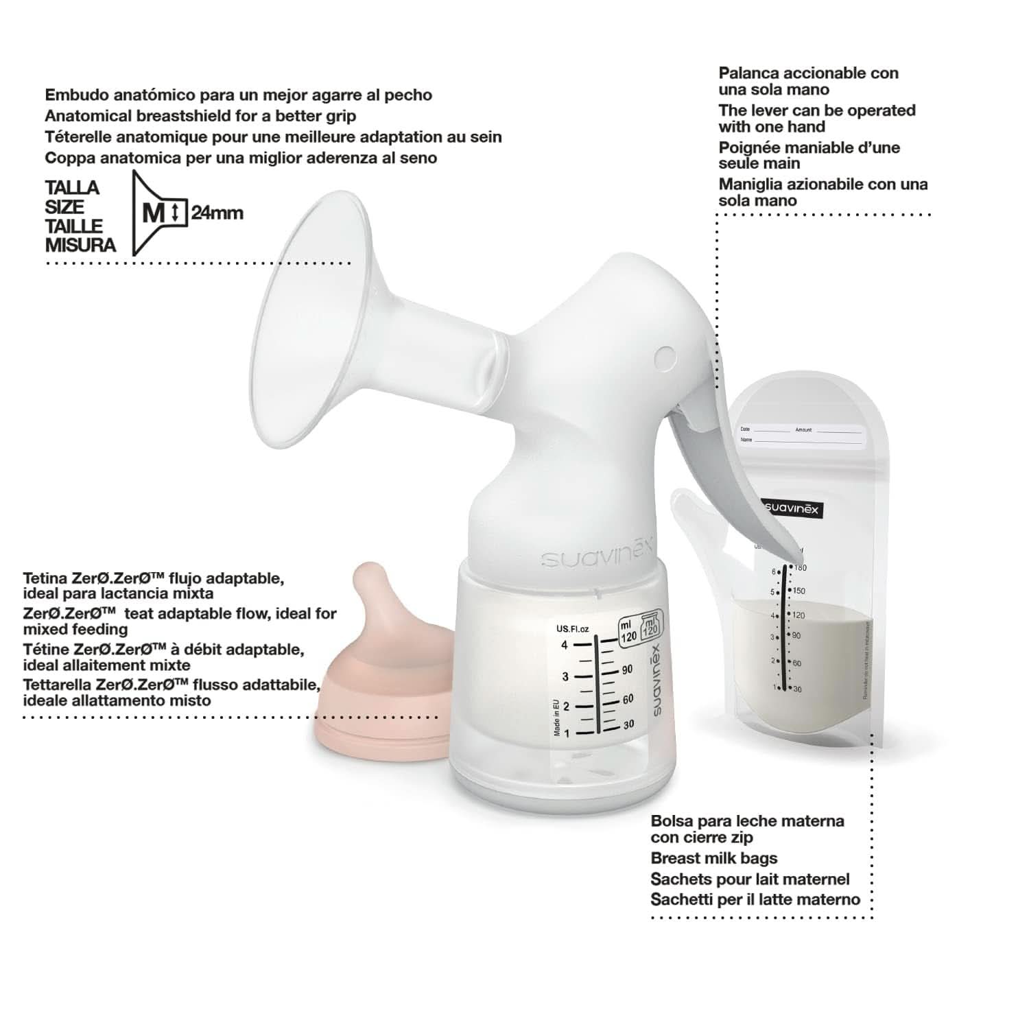 Suavinex, Materna pompă de sân, 120 ml, cu debit reglabil Accesorii Hrana si Alaptare Bebe Naty Shop