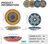 Set de veselă din porțelan HENXFEN LEAD, set de veselă cu 12 piese pentru 4 persoane, set de veselă colorat pentru 4 persoane - farfurii pictate manual, farfurii de desert, farfurii de supă - stil boem