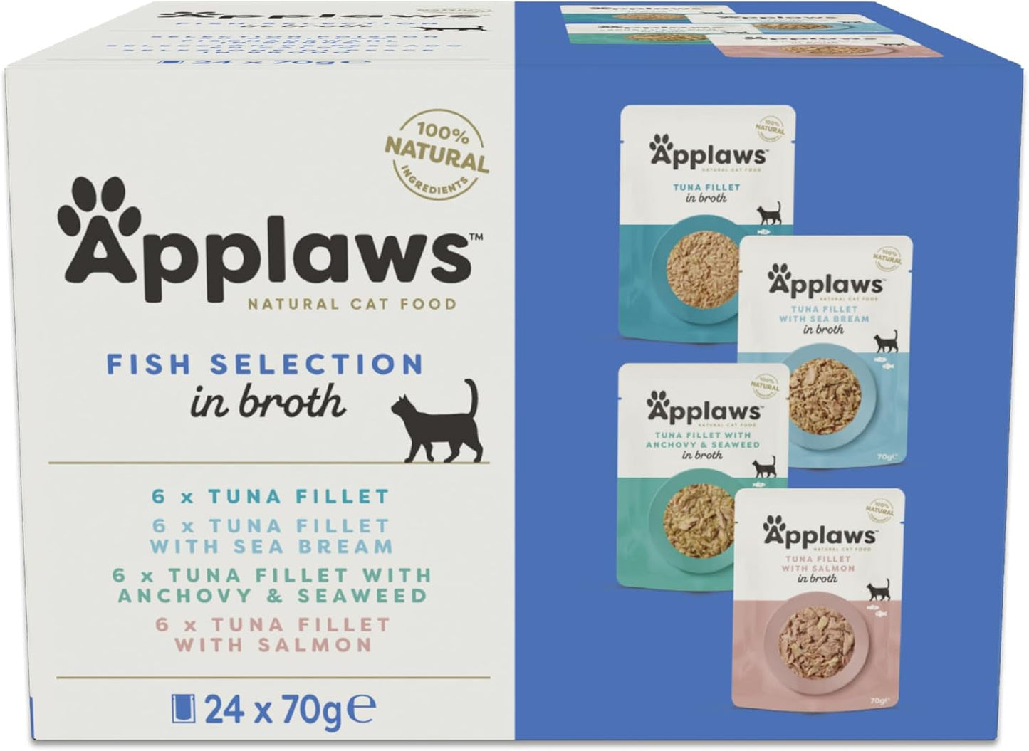 Applaws Hrană umedă pentru pisici 100% naturală, pliculețe cu selecție de pește în bulion - Pachet de 24 pliculețe x 70g
