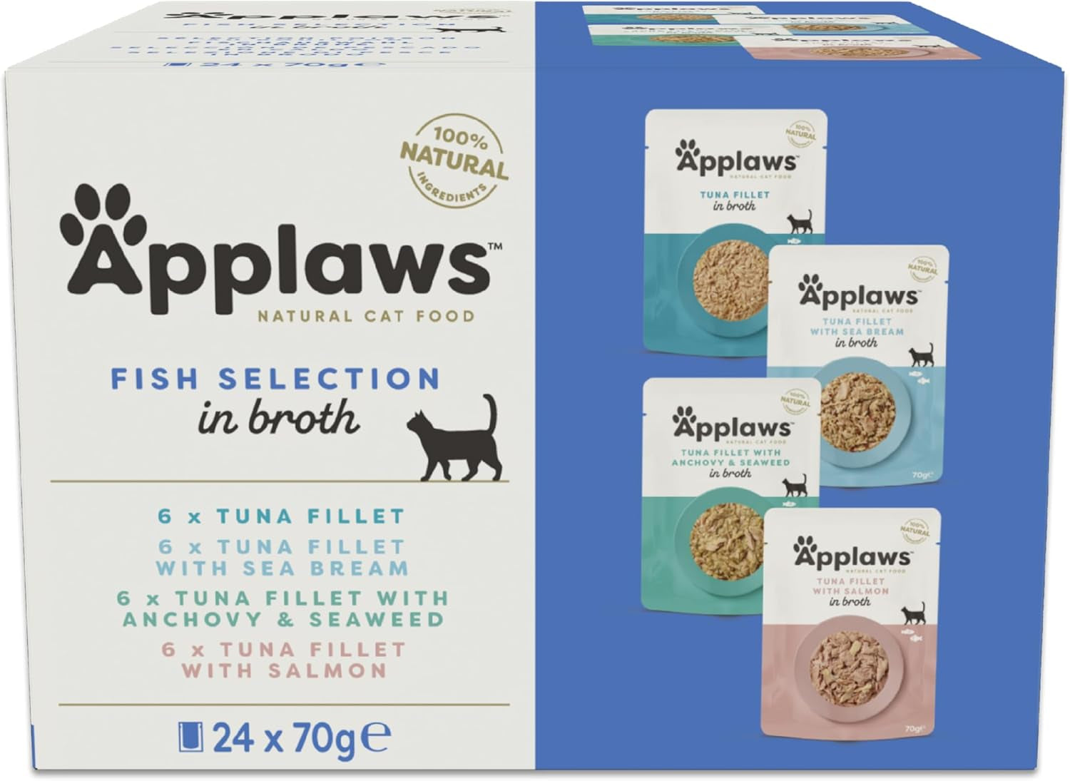 Applaws Hrană umedă pentru pisici 100% naturală, pliculețe cu selecție de pește în bulion - Pachet de 24 pliculețe x 70g