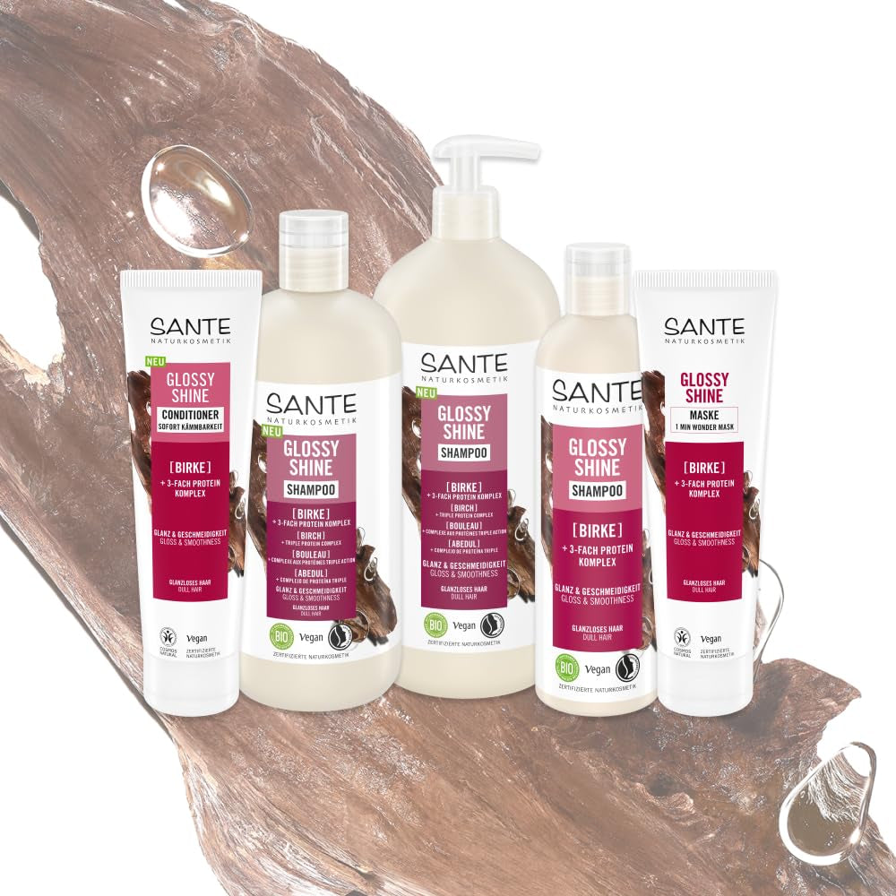 SANTE Naturkosmetik Glossy Shine Mask extract organic de frunze de mesteacăn + complex proteic de 3 ori, mască de păr fără silicon și hidratantă, îngrijire vegană a părului pentru mai multă strălucire și suplețe, 150 ml Masca de par Naty Shop
