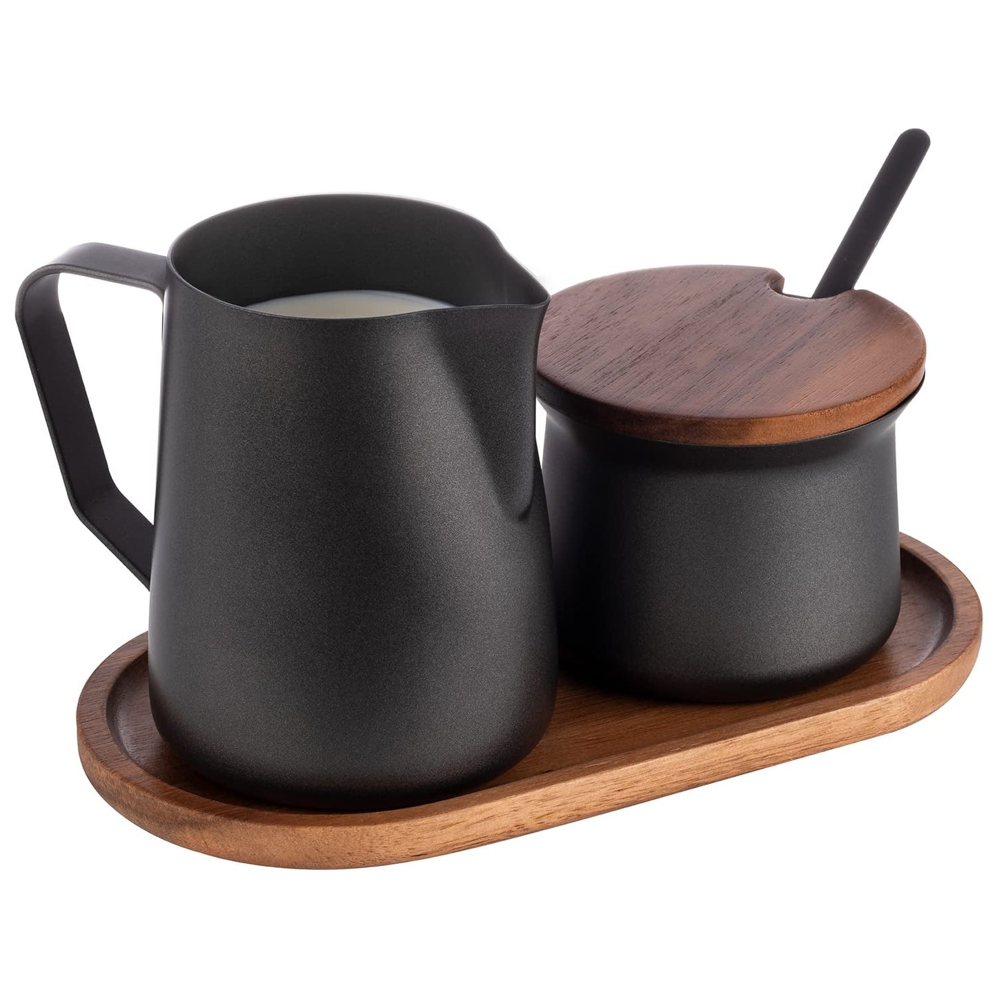 Set lapte și zahăr APS 634, set de 5 piese, lemn de salcâm, oțel inoxidabil, strat antiaderent, negru