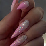 Mouyouglow Unghii lungi, Stiletto, alb lăptos, gradient roz, sclipici, cool, unghii false cu lipici, unghii artificiale roz Ombre sclipici