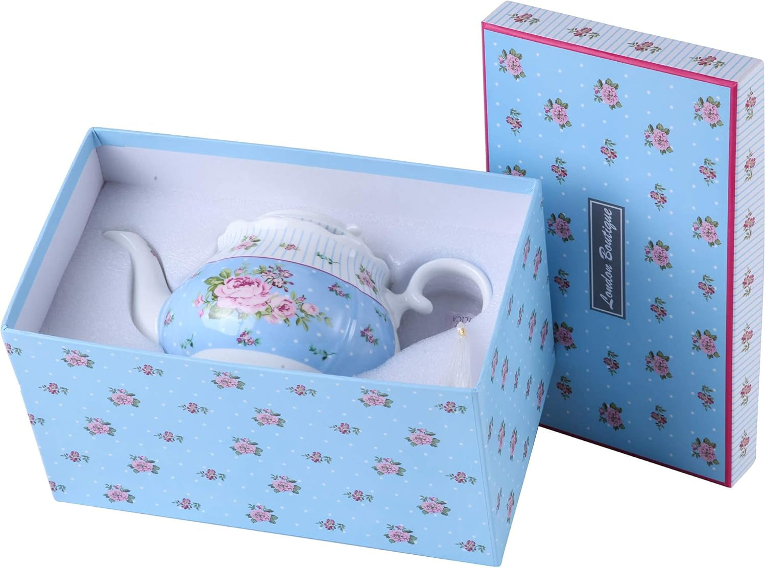 Ceainic din porțelan London Boutique, stil shabby chic, model floral vintage, în cutie cadou (ceainic Rose Blue)
