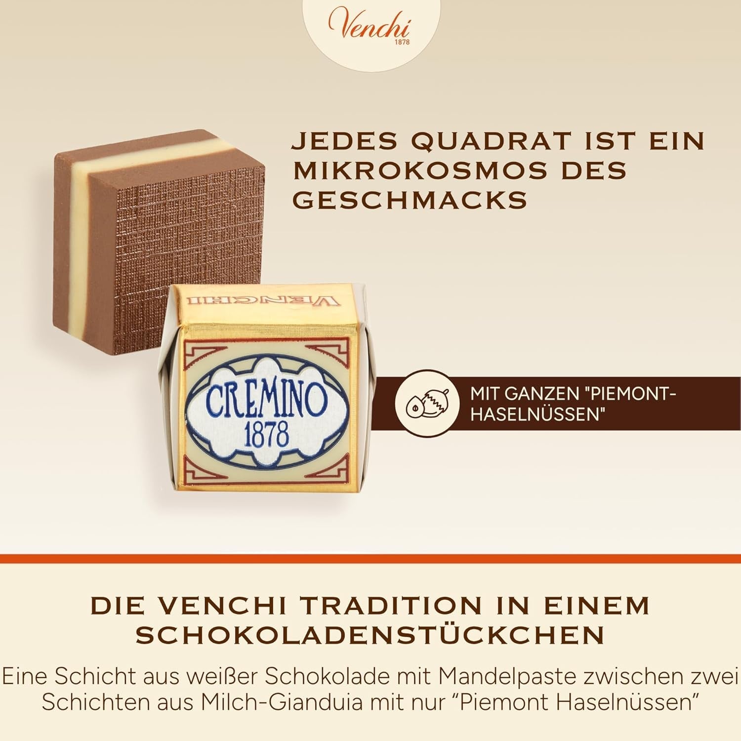 Venchi - Cremini 1878 - Ciocolată cu trei straturi cu gianduja cu lapte și pastă de migdale, „Alune Piemonteze IGP”, 1 kg, fără gluten, fără coloranți și fără conservanți