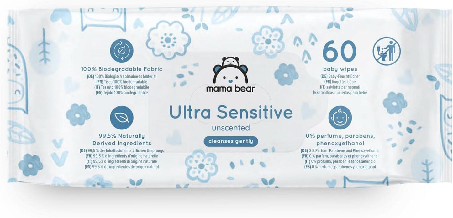 Șervețele ultrasensibile pentru bebeluși Mama Bear, fără parfum, 1008 număr (18 pachete de 60) Naty Shop