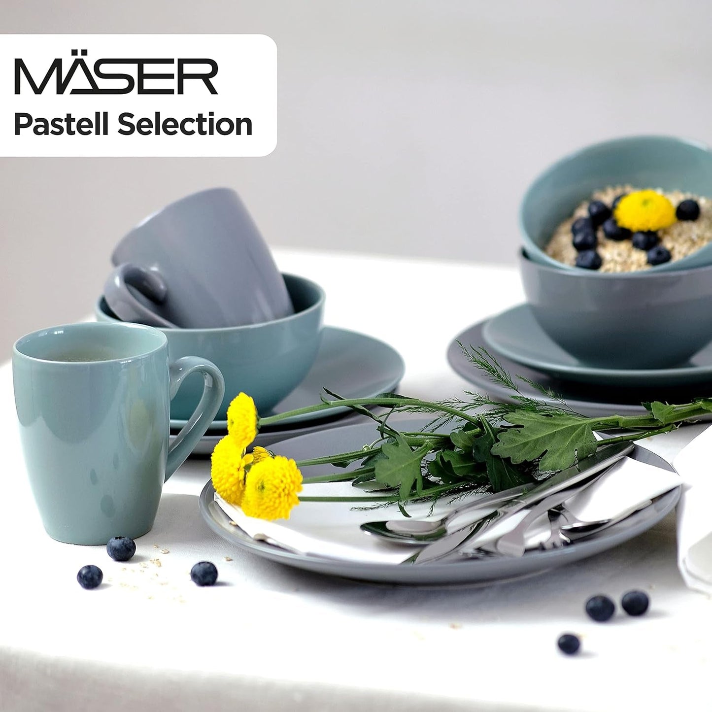 MÄSER Pastell Selection, Modernes Geschirr Set für 4 Personen, 16-teiliges Kombiservice aus Keramik, Steinzeug, Türkis-Grün