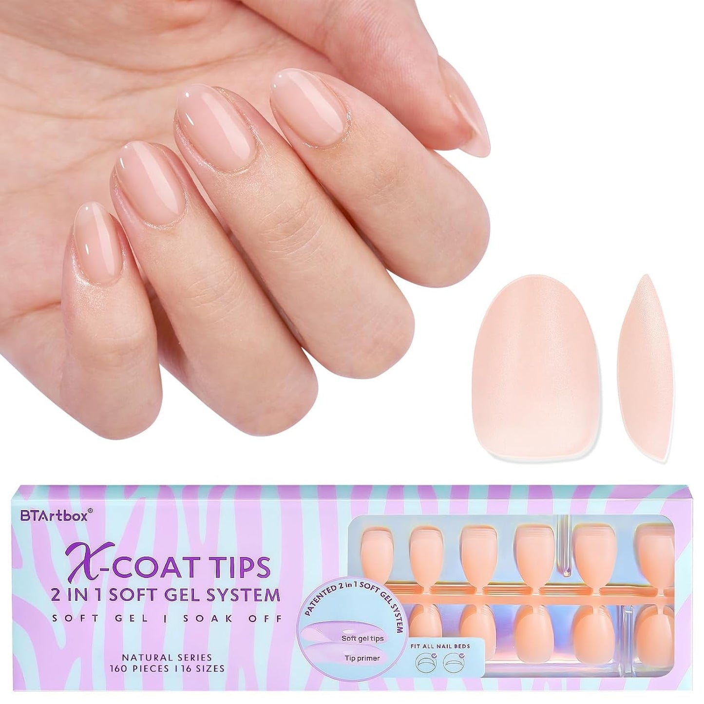 Btartbox Unghii Extra Scurte cu Gel Moale, Acoperire Completă, Tipuri de Unghii Scurte cu Formă de Migdale, 160 Bucăți, Unghii Artificiale XCOATTIPS PRE-PROIECTATE, Tipuri de Unghii Scurte cu Formă de Migdale pentru Extensii de Unghii