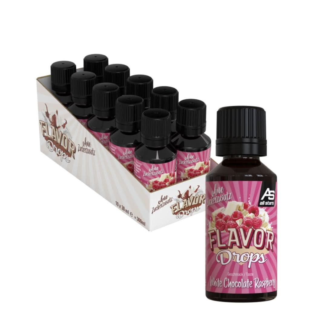 ALL STARS Flavor Drops, Picături aromate fără zahăr adăugat și fără calorii - Dulceață și aromă pentru alimente, 30 ml Indulcitori Naty Shop Ciocolată albă cu zmeură 10 x 30 ml
